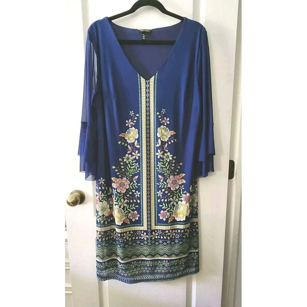 Allison Brittney Womens Floral Mesh Dress Lined‎ Stretch 3/4 Bell Sleeve Blue XL